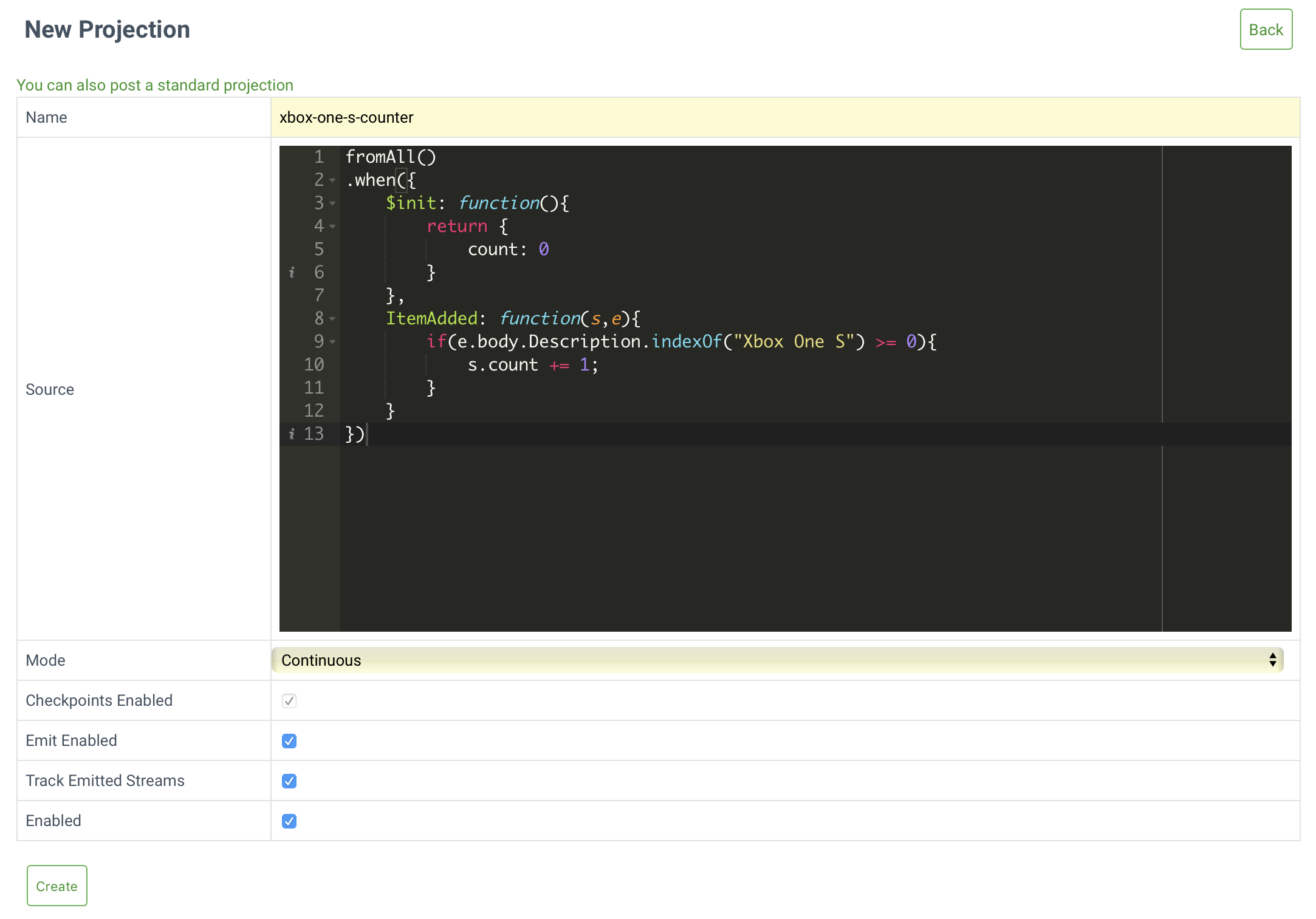 Creating a projection with the KurrentDB Admin UI